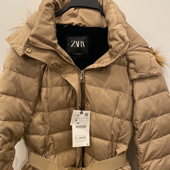 Zara water repellent faux hood puffer with belt SZ small nwt TAUPE/beige - Picture 2 of 9
